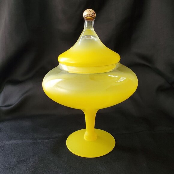 VTG Lemon Yellow Empoli MCM Circus Tent Bonbonniere Apothecary Lidded Jar 8.5" - Picture 1 of 16